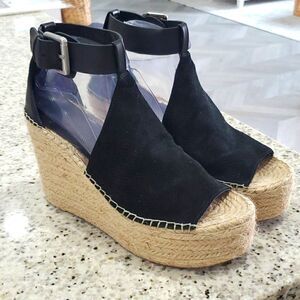 Marc Fisher Melanie, Leather Black Wedge Sandals Size 8.5